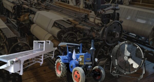 Collage of applications: conveyor belt, tractor, and an industrial fan