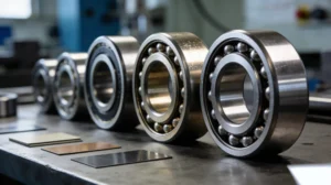 Several ball bearings aligned on a workbench in a workshop setting, with metal sheets in the foreground.
