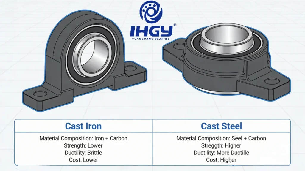 Illustration comparing cast iron and cast steel bearings with material composition, strength, ductility, and cost details.