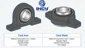 Illustration comparing cast iron and cast steel bearings with material composition, strength, ductility, and cost details.