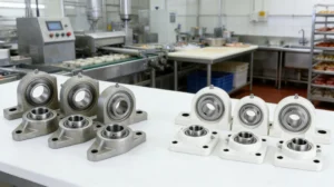 Row of industrial bearings on a table in a workshop kitchen setting with machinery and shelves in the background.