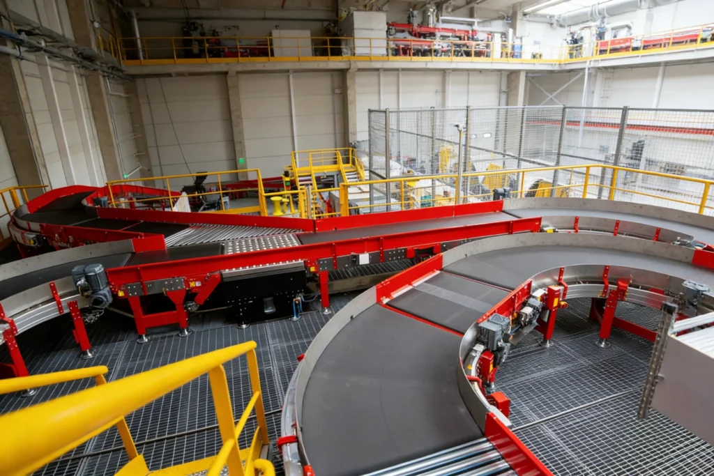 Red and black conveyor system with yellow railings in a large industrial warehouse interior.