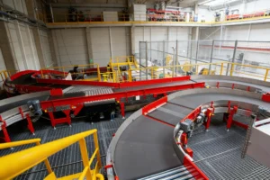 Red and black conveyor system with yellow railings in a large industrial warehouse interior.
