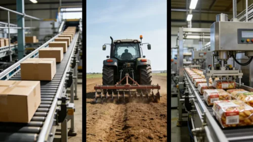 A montage of applications: a conveyor belt, a tractor, and a food processing line