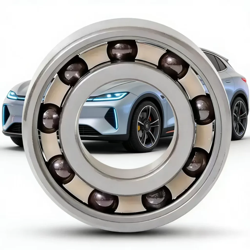Large metallic ball bearing in the foreground with a sleek electric car visible through its center in the background.