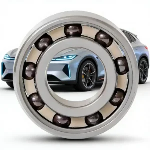 Large metallic ball bearing in the foreground with a sleek electric car visible through its center in the background.