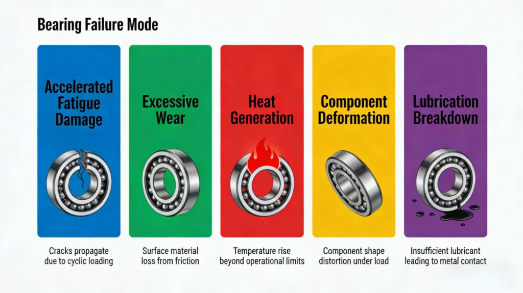 Visual representation of bearing failure modes including accelerated fatigue damage, excessive wear, heat generation, component deformation, and lubrication breakdown.