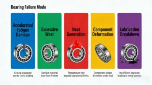 Visual representation of bearing failure modes including accelerated fatigue damage, excessive wear, heat generation, component deformation, and lubrication breakdown.