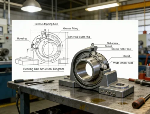 A cutaway view of a mounted bearing insert inside a pillow block housing