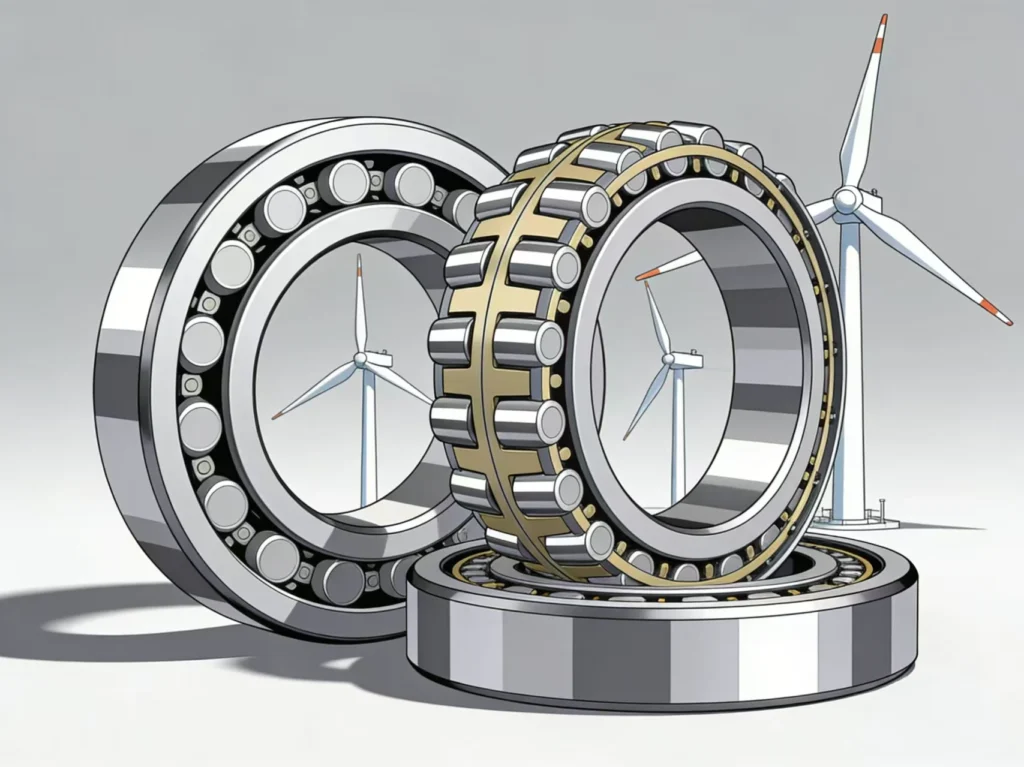 Illustration of large bearings with wind turbines in the background, symbolizing mechanical components in renewable energy systems.