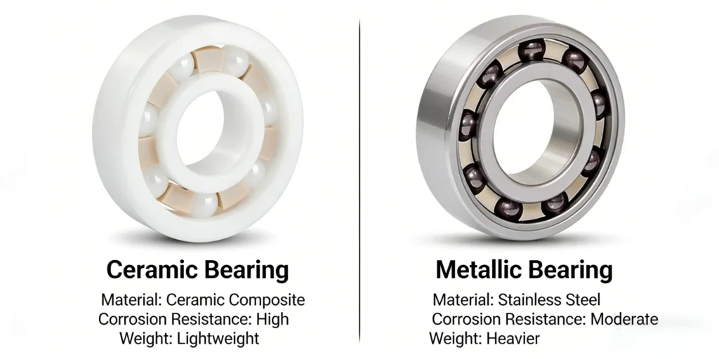 Comparison showing a ceramic bearing with high corrosion resistance and lightweight properties next to a metallic bearing with moderate corrosion resistance and heavier weight.