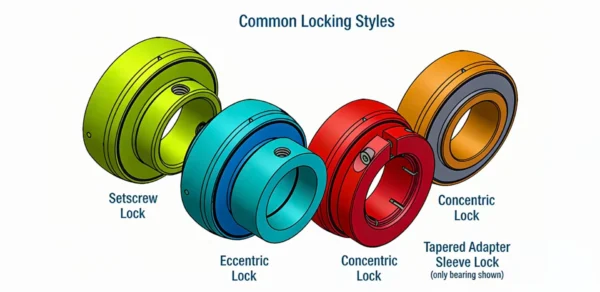 An assortment of mounted bearing inserts showing different locking types