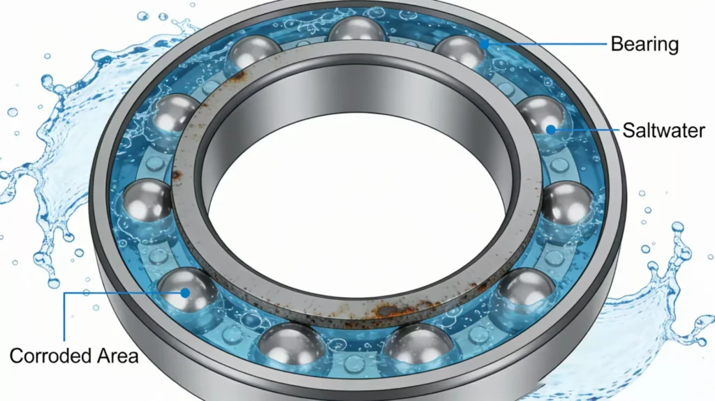 Illustration of a metal bearing exposed to saltwater, showing corrosion on its surface. Saltwater is labeled with rust visible.