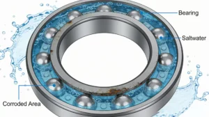 Illustration of a metal bearing exposed to saltwater, showing corrosion on its surface. Saltwater is labeled with rust visible.
