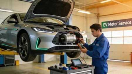 An electric vehicle being serviced for motor issues