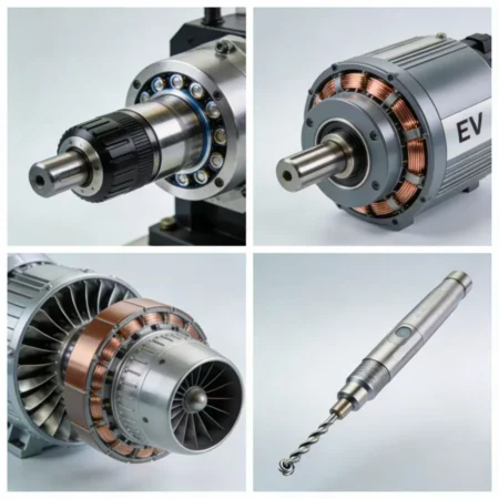 A collage of applications: a machine tool spindle, an EV motor, a jet engine, and a dental drill