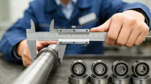 An engineer using a caliper to measure a shaft next to several bearing inserts