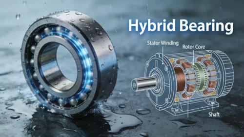 A hybrid bearing shown working flawlessly in a wet environment and an electric motor diagram
