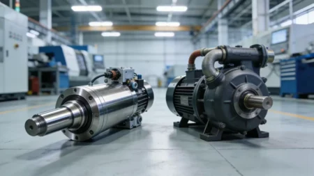 A high-speed CNC machine spindle and an industrial pump side-by-side
