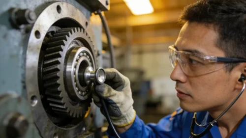 A technician inspecting a noisy bearing on a machine