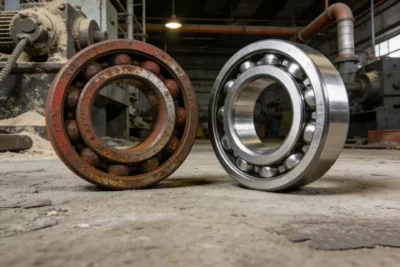A rusty bearing next to a new, clean bearing in a harsh industrial environment.