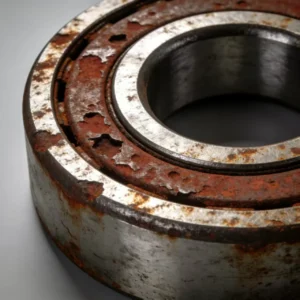 Close-up of a corroded and rusty ball bearing, highlighting severe damage and oxidation.