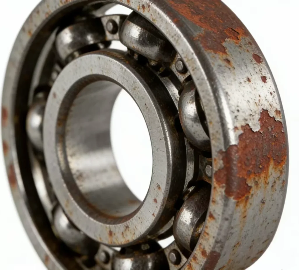 Close-up of a metal ball bearing with visible rust and corrosion on its surface.