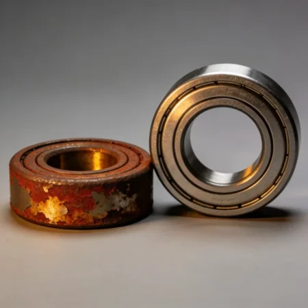A rusty bearing next to a new corrosion-resistant bearing