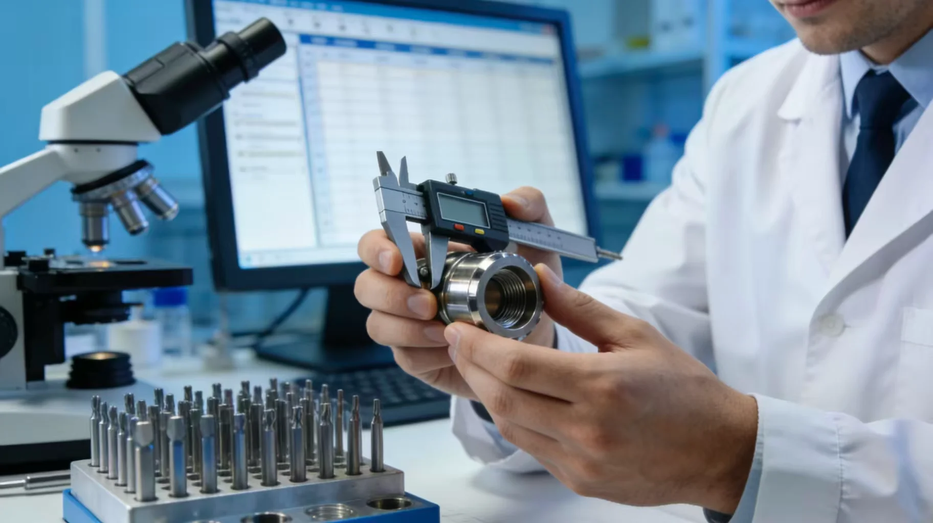 An engineer inspecting a variety of high-speed bearings