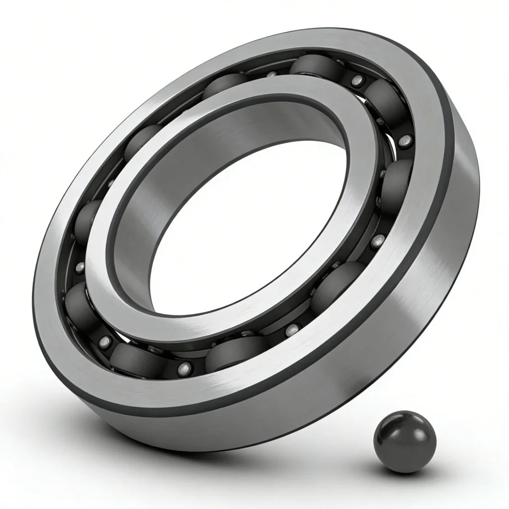 Close-up of a steel ball bearing with an inner ring, outer ring, and bearings visible, alongside a separate ball on a white background.