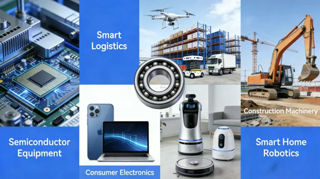 Collage showing semiconductor equipment, smart logistics, consumer electronics, construction machinery, and smart home robotics.