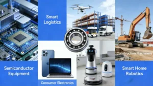 Collage showing semiconductor equipment, smart logistics, consumer electronics, construction machinery, and smart home robotics.