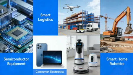 A collage of images representing different growing industries like semiconductors and logistics