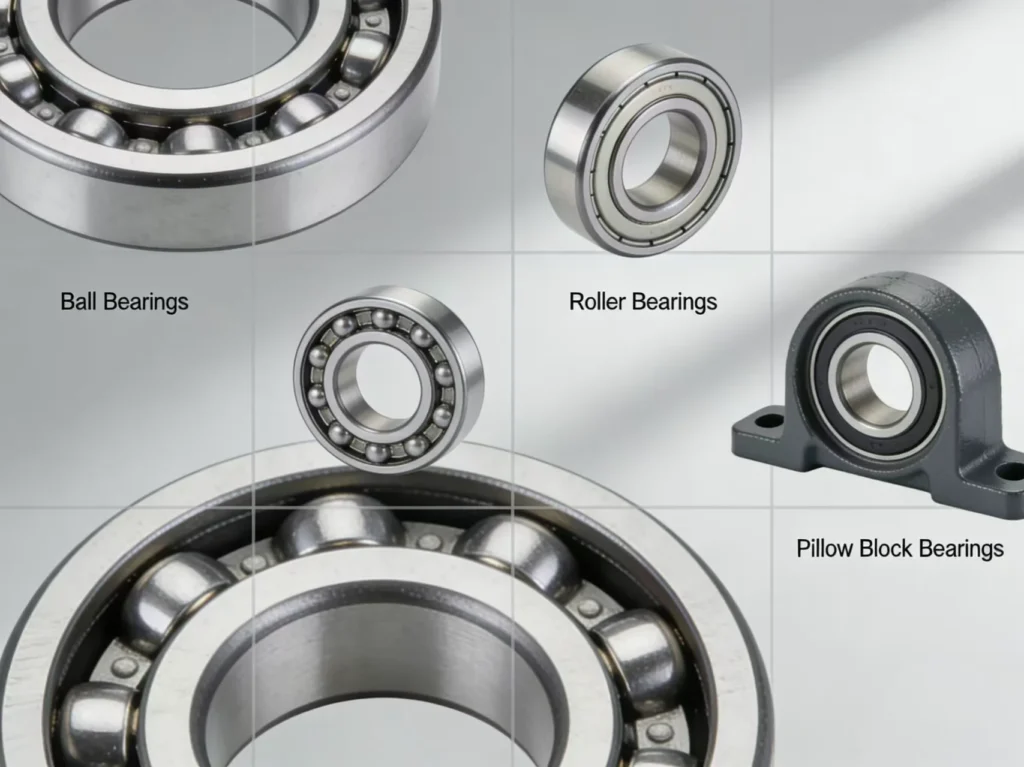 Image showing different types of industrial bearings: ball bearings, roller bearings, and pillow block bearings on a grid layout.