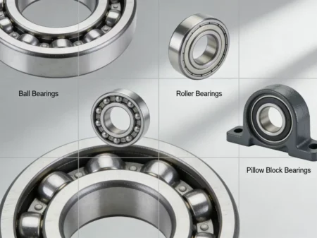 A collage of different types of bearings like ball bearings, roller bearings, and pillow block bearings.