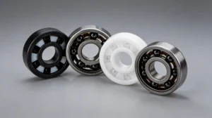 Four different Hybrid Ceramic Bearings displayed in a row showcasing varied materials, including metal, ceramic, and plastic, against a neutral background.