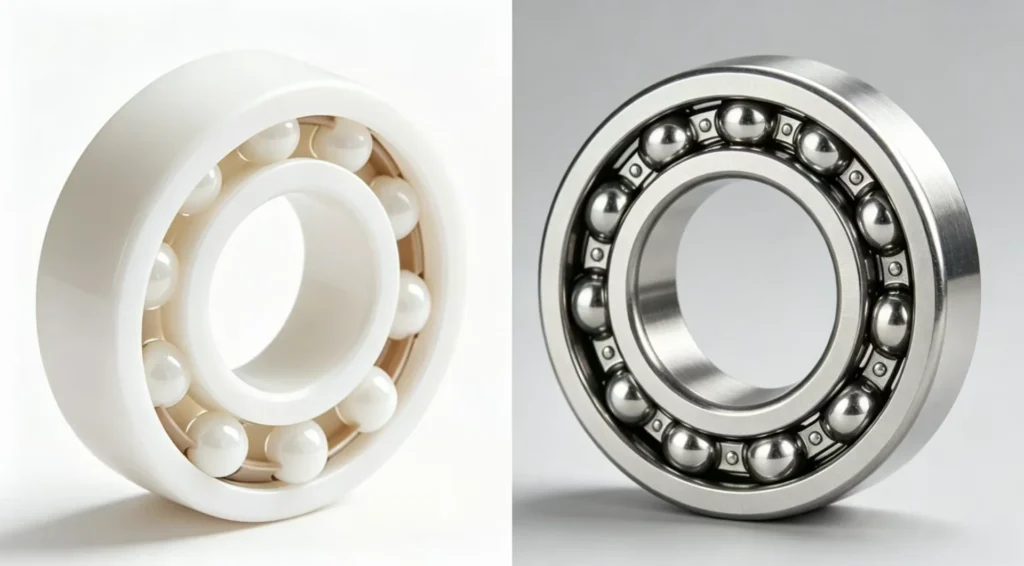 Side-by-side modern bearings: ceramic white on left, steel metallic on right, contrasting design and materials.