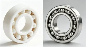 Side-by-side modern bearings: ceramic white on left, steel metallic on right, contrasting design and materials.