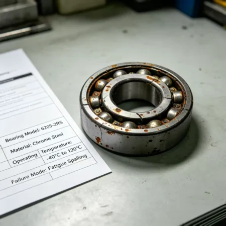 An image of a failed bearing next to a specification sheet