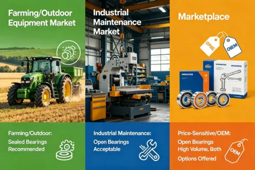 A collage of different industries: farming, factory, and a marketplace