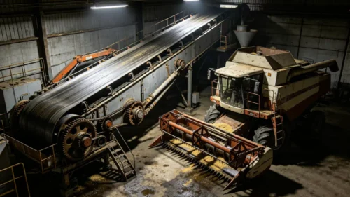 An image of heavy industrial machinery, like a conveyor system or agricultural equipment