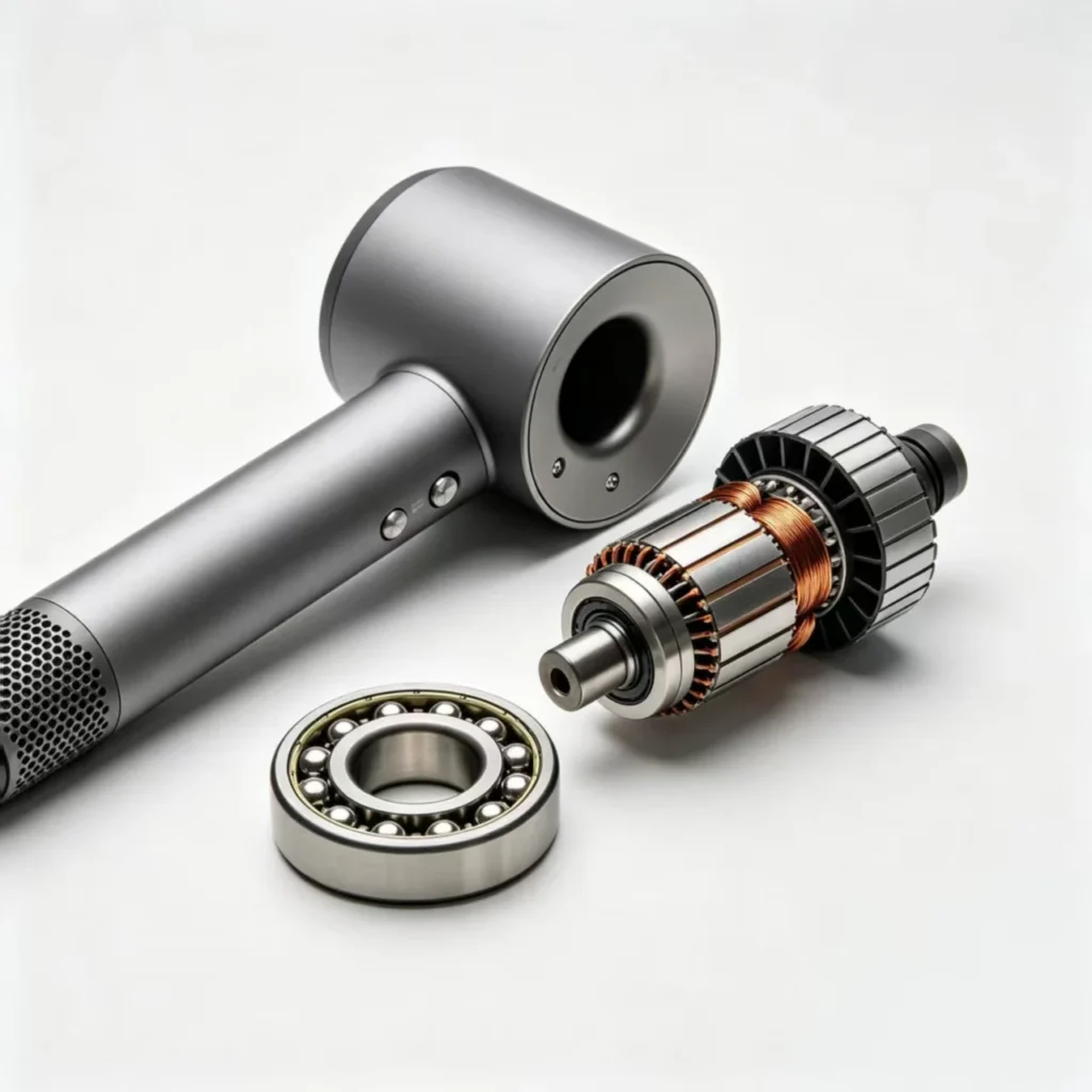 Hairdryer with exposed motor and bearing components on a white background, showcasing internal parts.