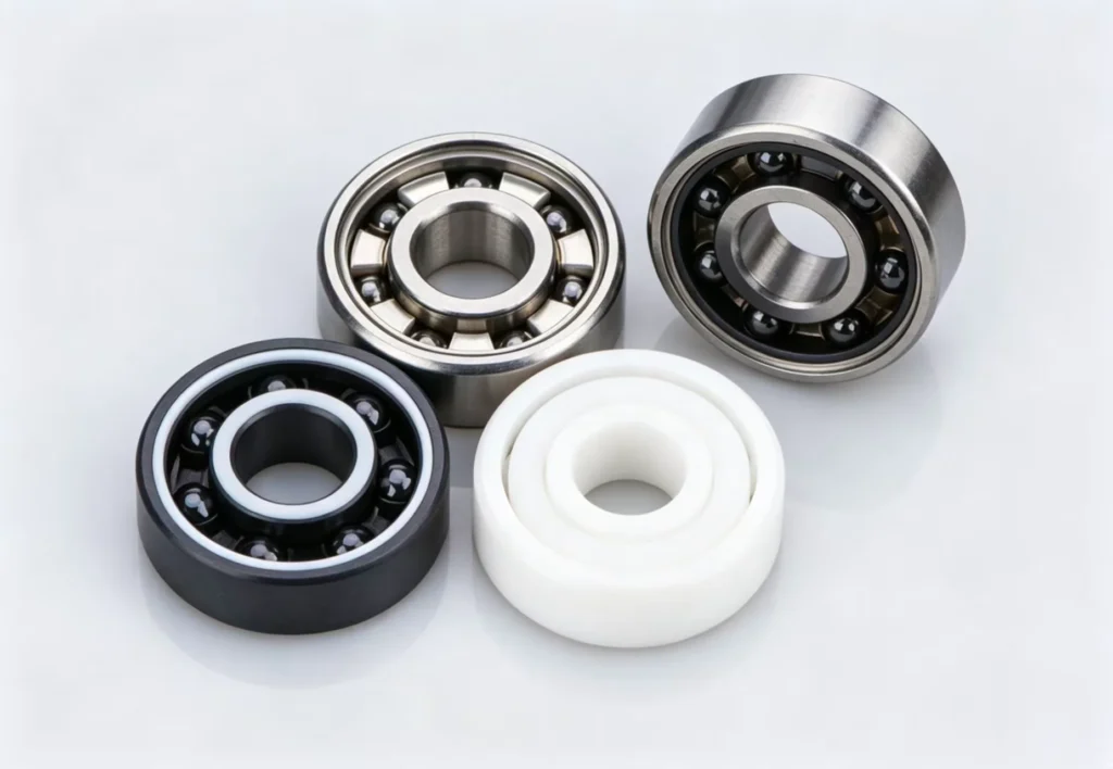 Close-up of four ball bearings, including steel and ceramic types, arranged on a white background for industrial use.
