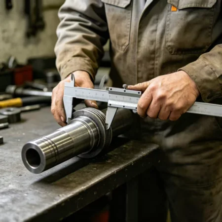 A person measuring a shaft with calipers to select the correct bearing.