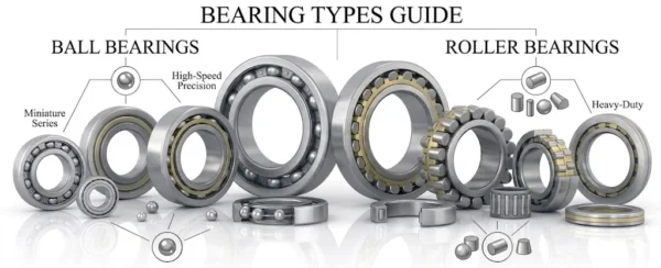 Various ball and roller bearings displayed with labels showing types like miniature series, high-speed precision, and heavy-duty.