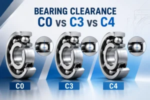 Illustration comparing three bearing clearance classes: CO, C3, and C4, with magnified views showing internal dimensions.