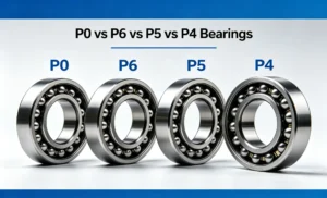 Four ball bearings labeled P0, P6, P5, and P4 arranged side by side, illustrating differences in bearing precision grades.