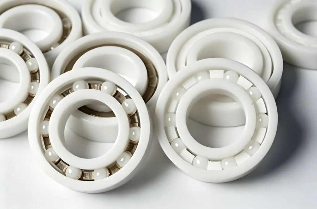 White ceramic ball bearings with visible rolling elements arranged closely on a surface, showcasing their design and structure.