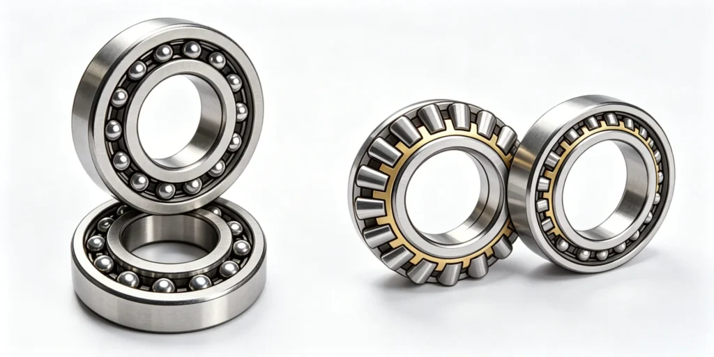 Close-up of industrial metal ball bearings and roller bearings on a white background, showcasing precise engineering and durability.
