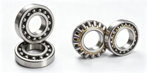 Close-up of industrial metal ball bearings and roller bearings on a white background, showcasing precise engineering and durability.